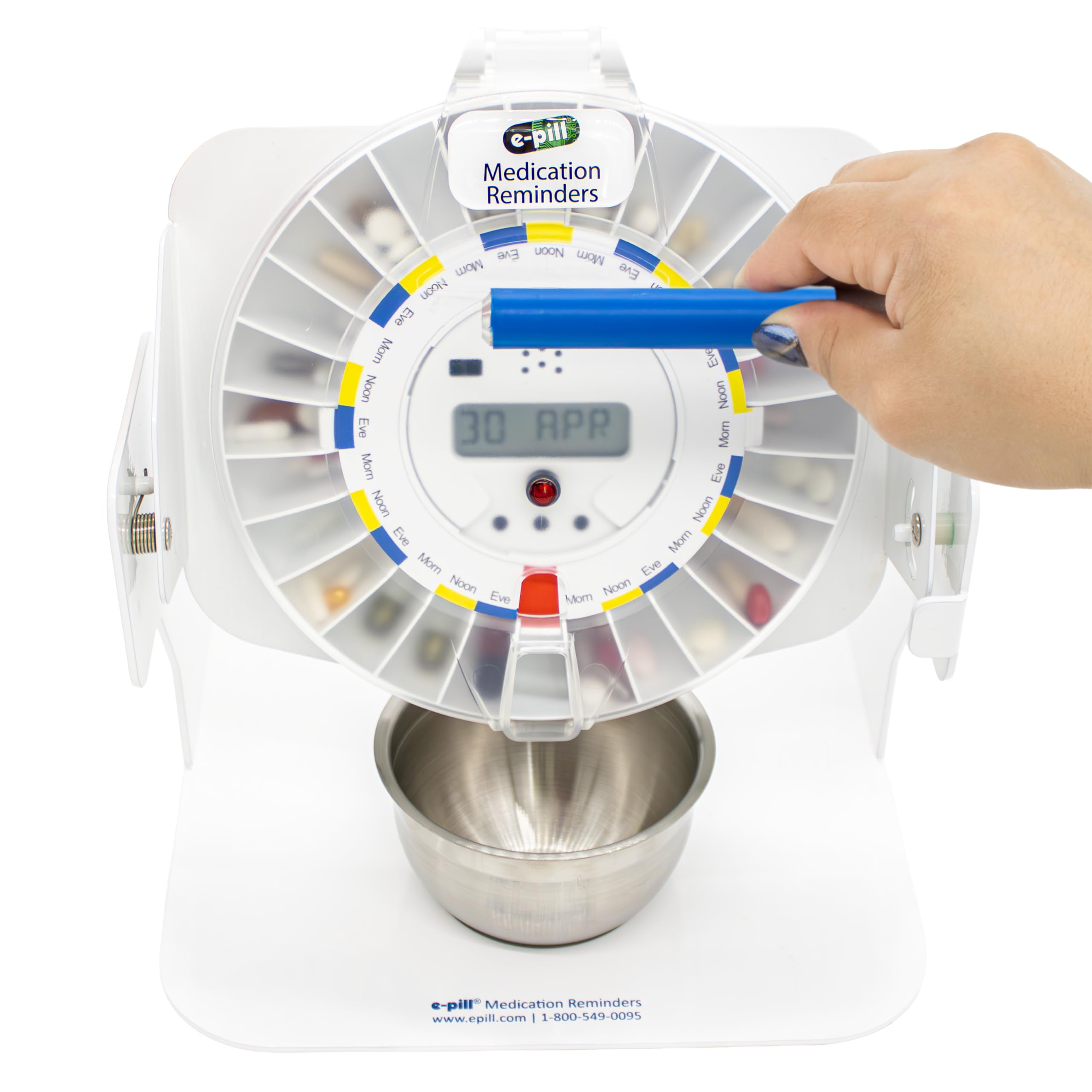 e-Pill MedTime Station - Dispensador automático de píldoras bloqueado con base volquete, 6 ajustes de alarma, cubierta transparente