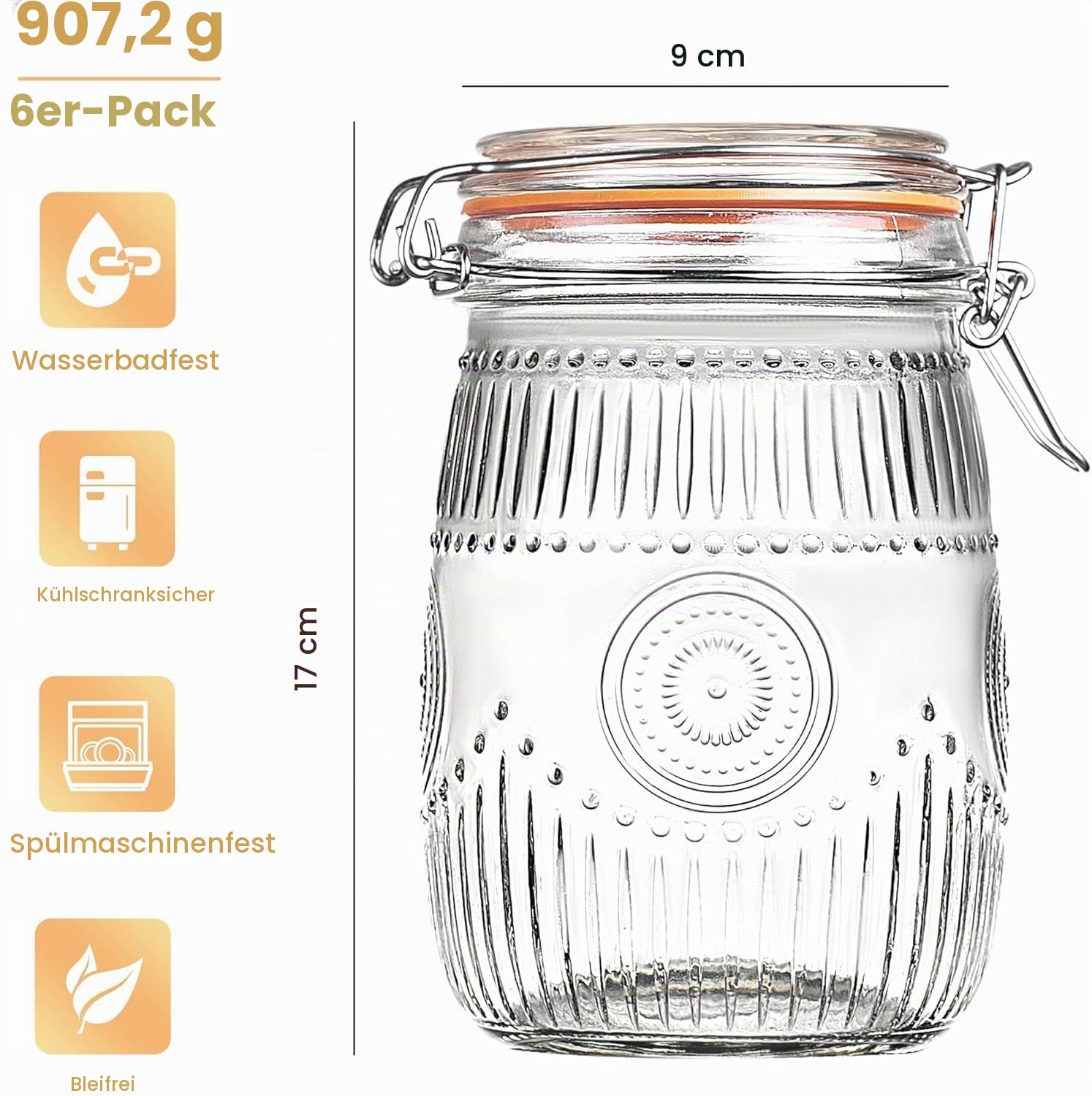 1L Einmachgläser Mit Bügelverschluss, 6 Stück vorratsgläser mit deckel,1000ml Glasbehälter mit Drahtbügelverschluss für Lagerung, Einmachen, Einlegen, Konservieren, Fermentieren, Basteln und Dekoriere