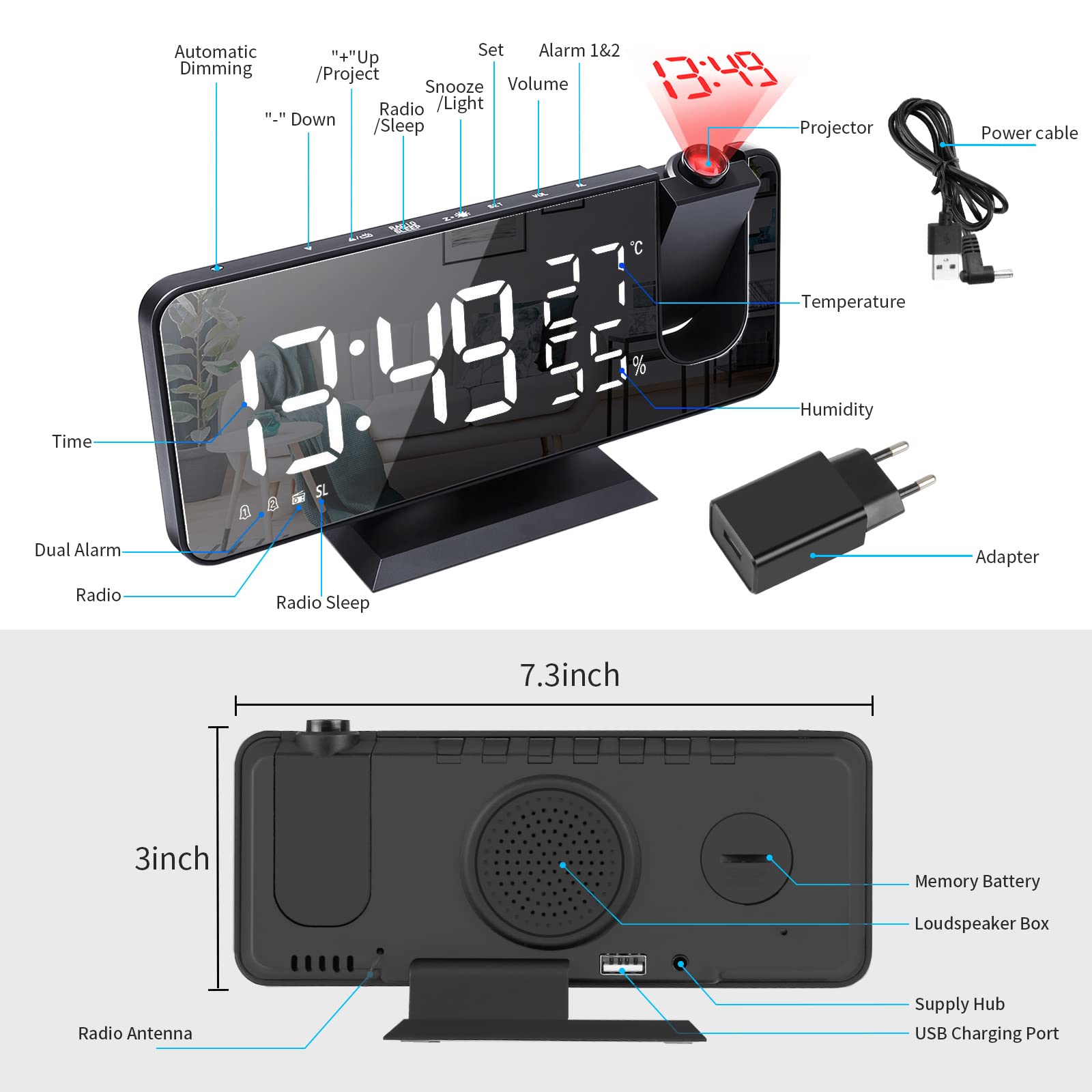 Exmate Despertador de Proyección con Radio FM,Pantalla LED de Espejo de 7,5 Pulgadas,Alarma Dual con Repetición,Brillo de 4 Pantallas,Función de atenuación automática,Puerto de Carga USB (Negro)