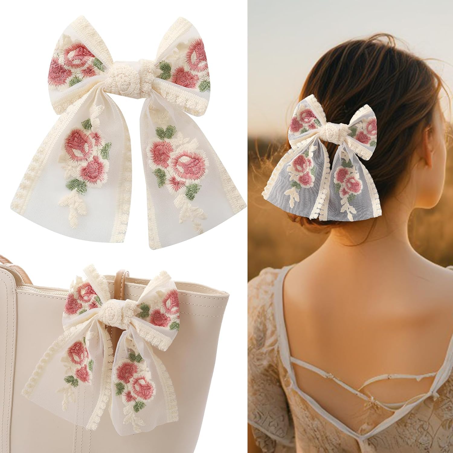 CHIROGRAPHY 1 pcs Beige Large Lace Bow Hair Clip for Women Girls|Double Layer Romantic Flower Dot Mesh Clip Hairpin Spring Hair Pins for Wedding, Party, Valentines Day, Date, Birthday (multicolor)011 (B0CSG598QX) Amazon Price History, Amazon Price Tracker