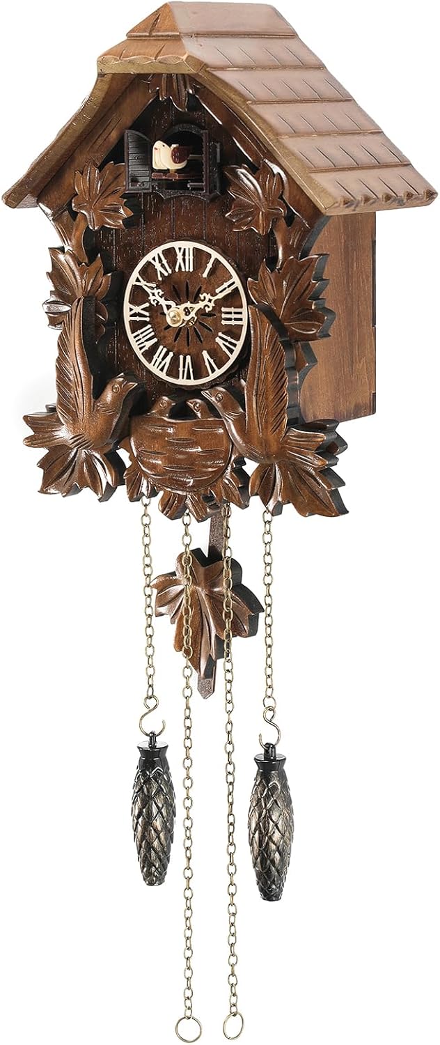 Cuckoo Clock - Traditional Black Forest Handcrafted Wooden Wall Clock, Silent Quartz Movement with Hourly Bird Song & Music for Living Room Home Decor