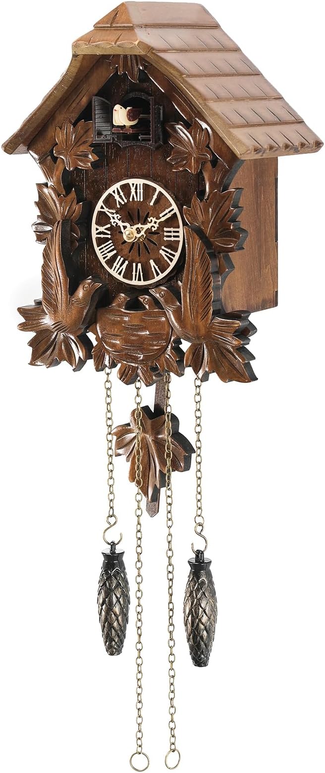 Hand Carved Black Forest Cuckoo Clock - Silent Night Mode & Music, Battery-Powered Wall Clock for Home Office Decor,Gifts for Family