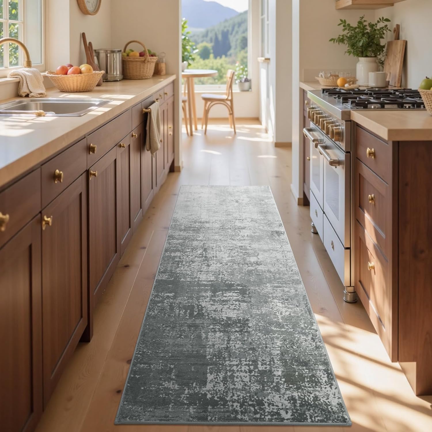 2x6 Ft Washable Runner Rug, Non-Slip Low Pile Hallway Kitchen Area Rug, Soft Long Entryway Floor Mat Abstract Pattern Carpet for Bedside & High-Traffic Areas (Grey)