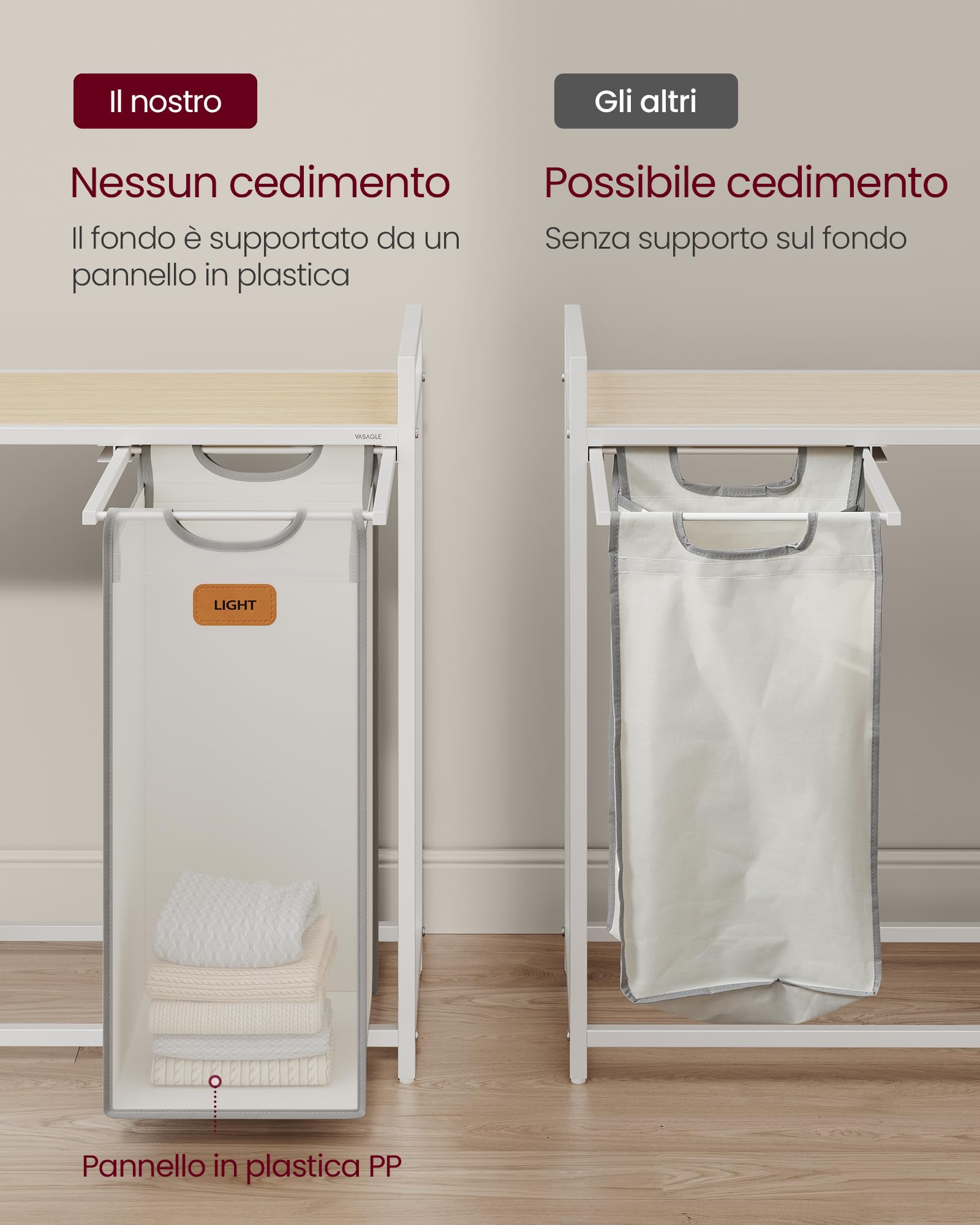 VASAGLE Cesto Portabiancheria a 2 Scomparti, 100 L, Sacchi Rimovibili | Carrello per Biancheria, con Ripiani, 6 Etichette, Beige Naturale, Grigio Tortora, Bianco Crema, Collezione STEVIE BLH311G01