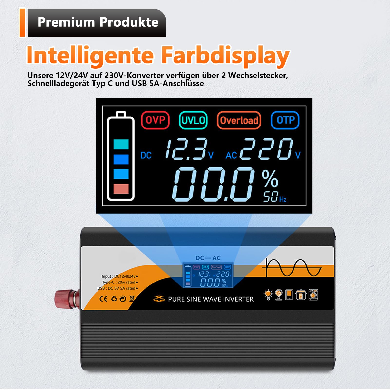 Przetwornica napięcia DC 12 V/24 V na AC 230 V, falownik sinusoidalny, czysty przetwornik sinusoidalny, 1300 W, 3000 W, z 2 europejskimi gniazdkami, wyświetlaczem USB i LCD, konwerter prądu do