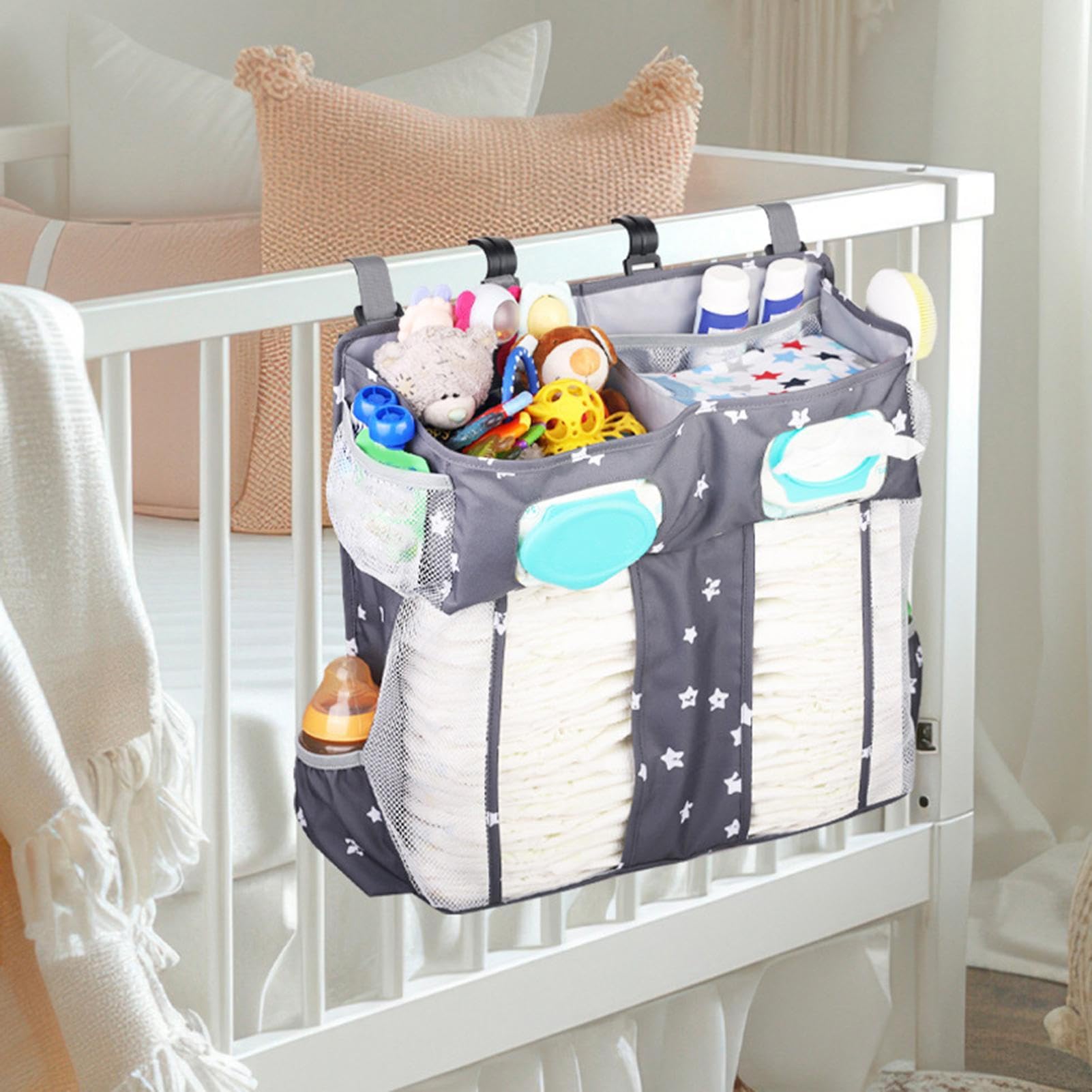 Organizzatore per lettino, borsa per la cameretta dei bambini, con tasche laterali, portaoggetti sospeso di grande capacità per bottiglie, ciucci, bavaglini, pannolini, giocattoli, attrezzatura
