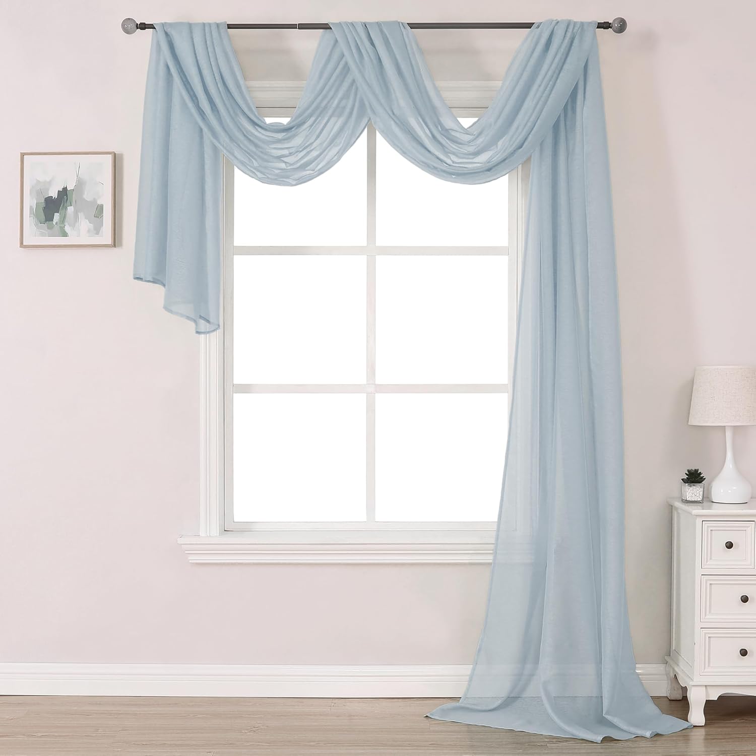 DONREN Sheer Canopy Bed Curtains Panels- Elegant Solid Voile Sheer Valance Topper Long Window Treatment Scarf for Villa/Cottage (1 Pcs, Dusty Blue, W52 x L216 Inch)
