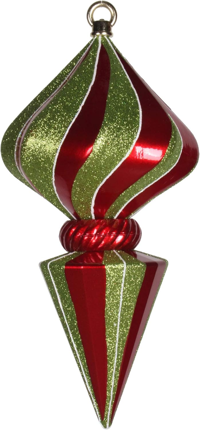 Vickerman 12" Striped Shiny Diamond Finial Christmas Ornament with Glitter Accents, Shatterproof Plastic, Holiday Christmas Tree Decoration, Red and Lime