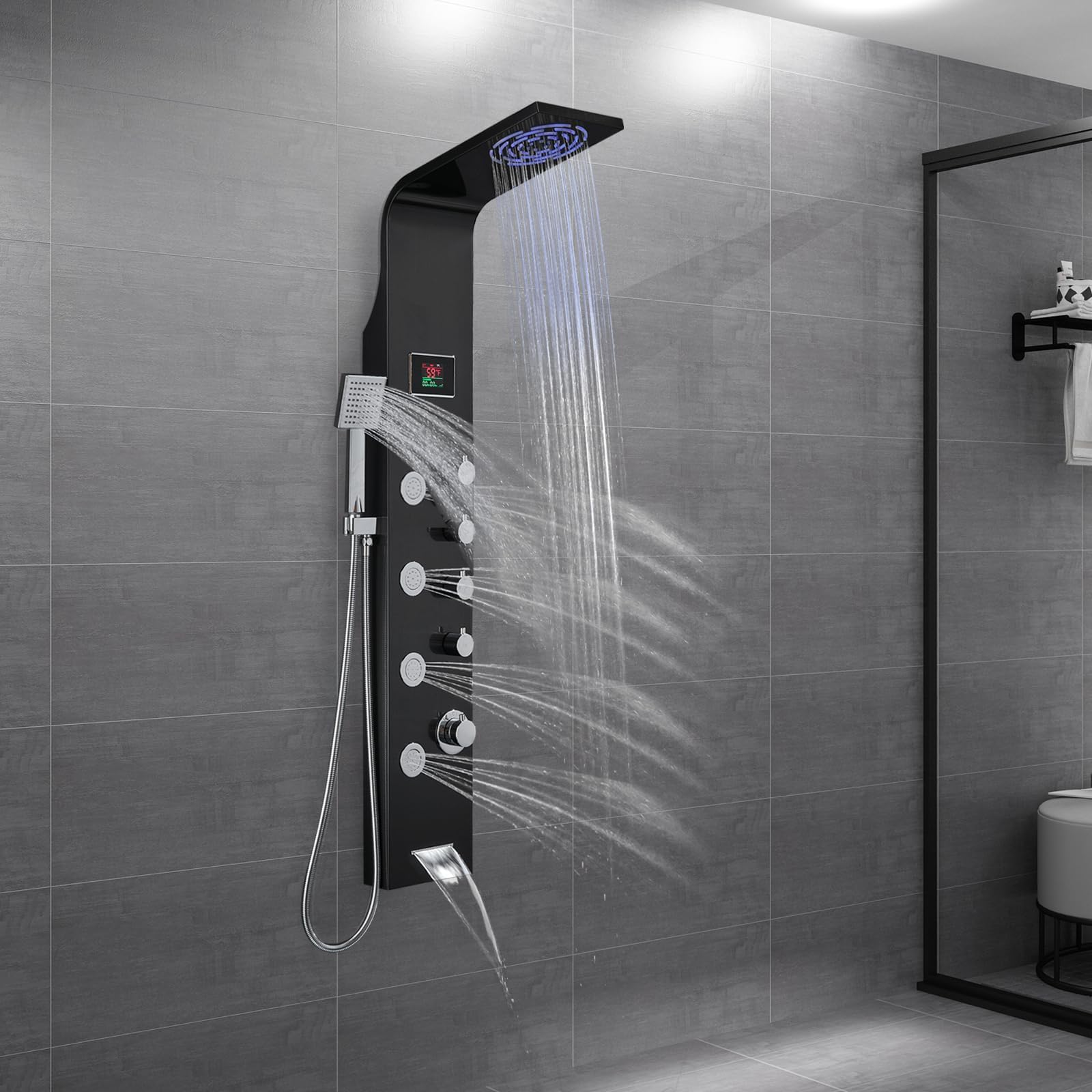 ROVOGO Shower Panel Tower with Rainfall Shower Head, Body Jets, Handheld and Tub Spout, No Battery Needed Led Lights and Temp Display, 304 Stainless Steel Unibody Shower Column, Black