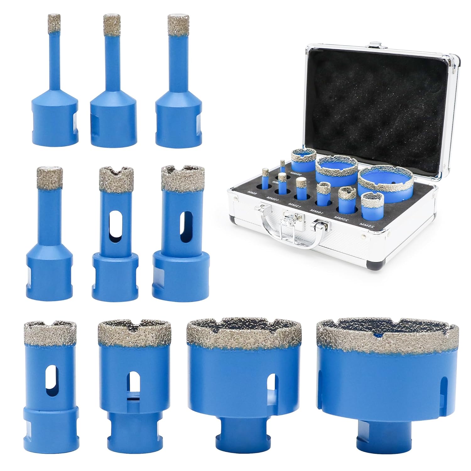 Diamond Hole Saw Drill Bits Set,5/8-11 Thread 6/8/10/12/16/20/25/35/55/68mm Diamond Core Drill Bits Set for Tile, Porcelain, Marble, Granite, Stone Triangle Shank with Storage Case 10pcs (Blue)