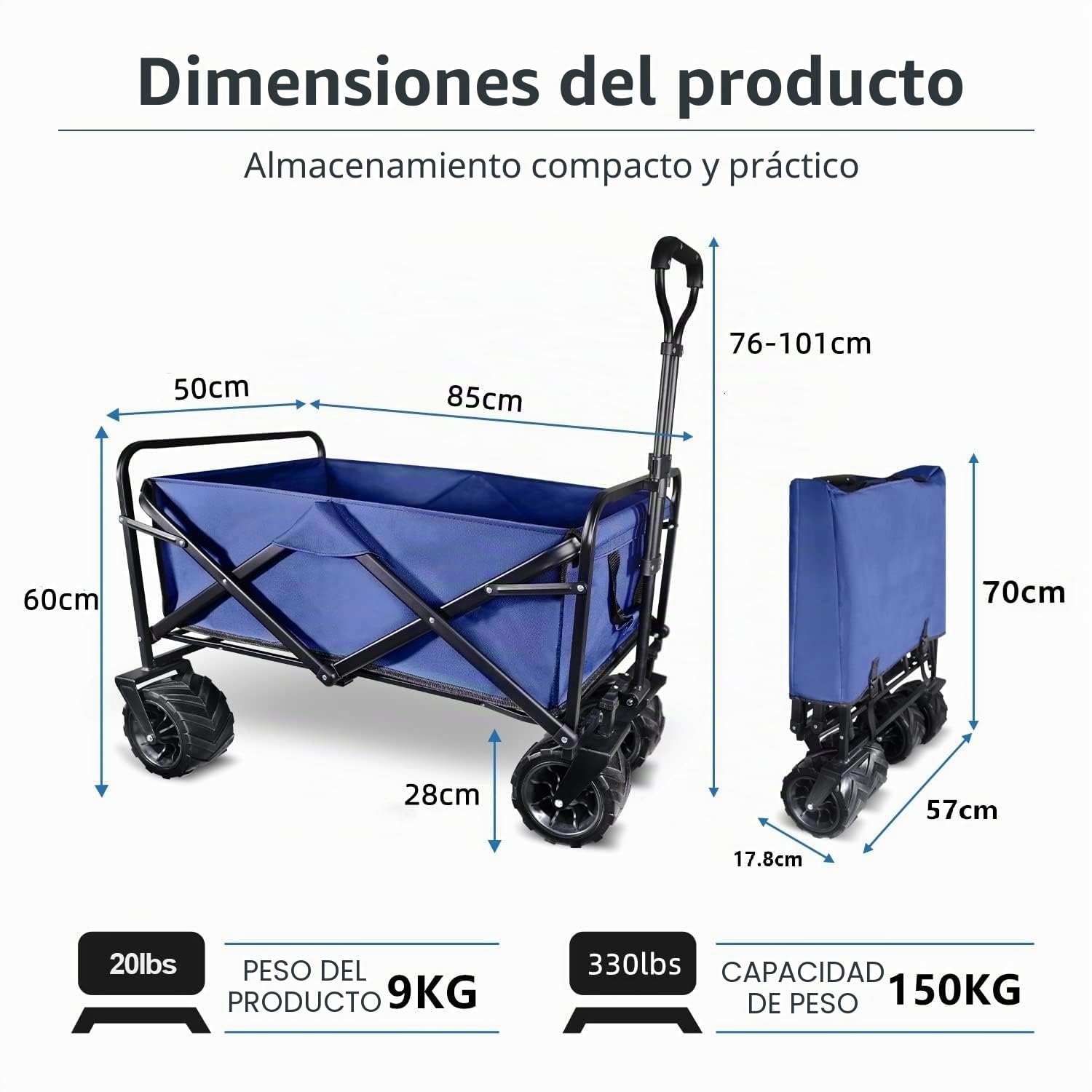 Carro Playa Plegable con Ruedas Grandes, Carrito Playa Plegable Asa Ajustables, Carro Transporte Playa ara Jardín Camping