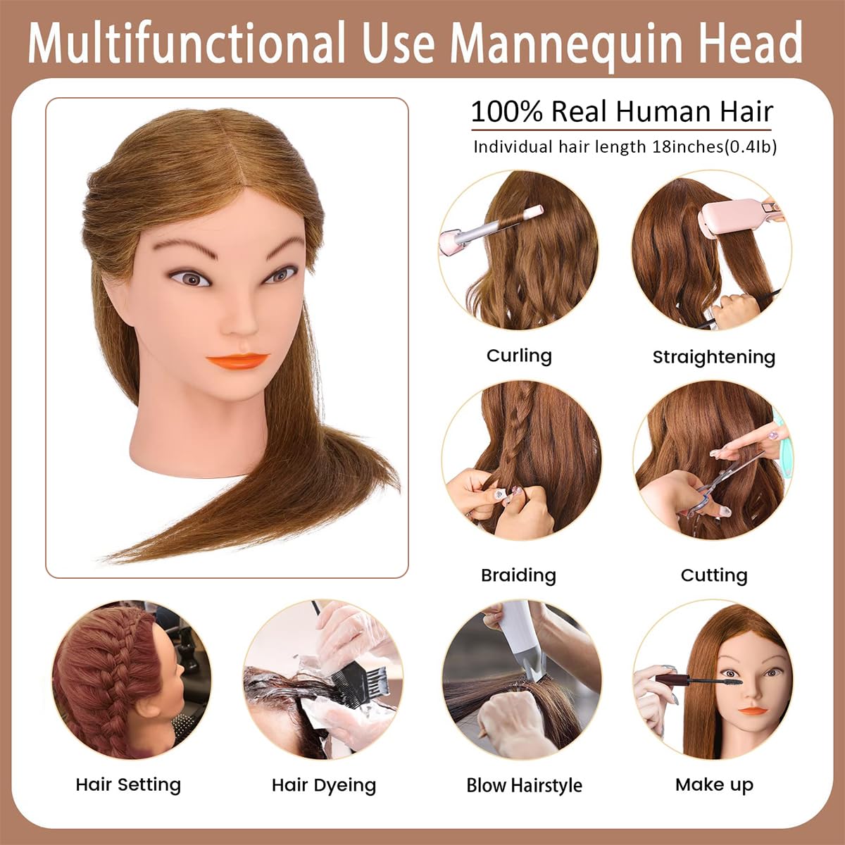 Frisierkopf, TopDirect 18 Zoll 45 cm Übungskopf Cosmetology Mannequin Puppenkopf mit Klemme + DIY Haare Frisuren Set, Hellbraun