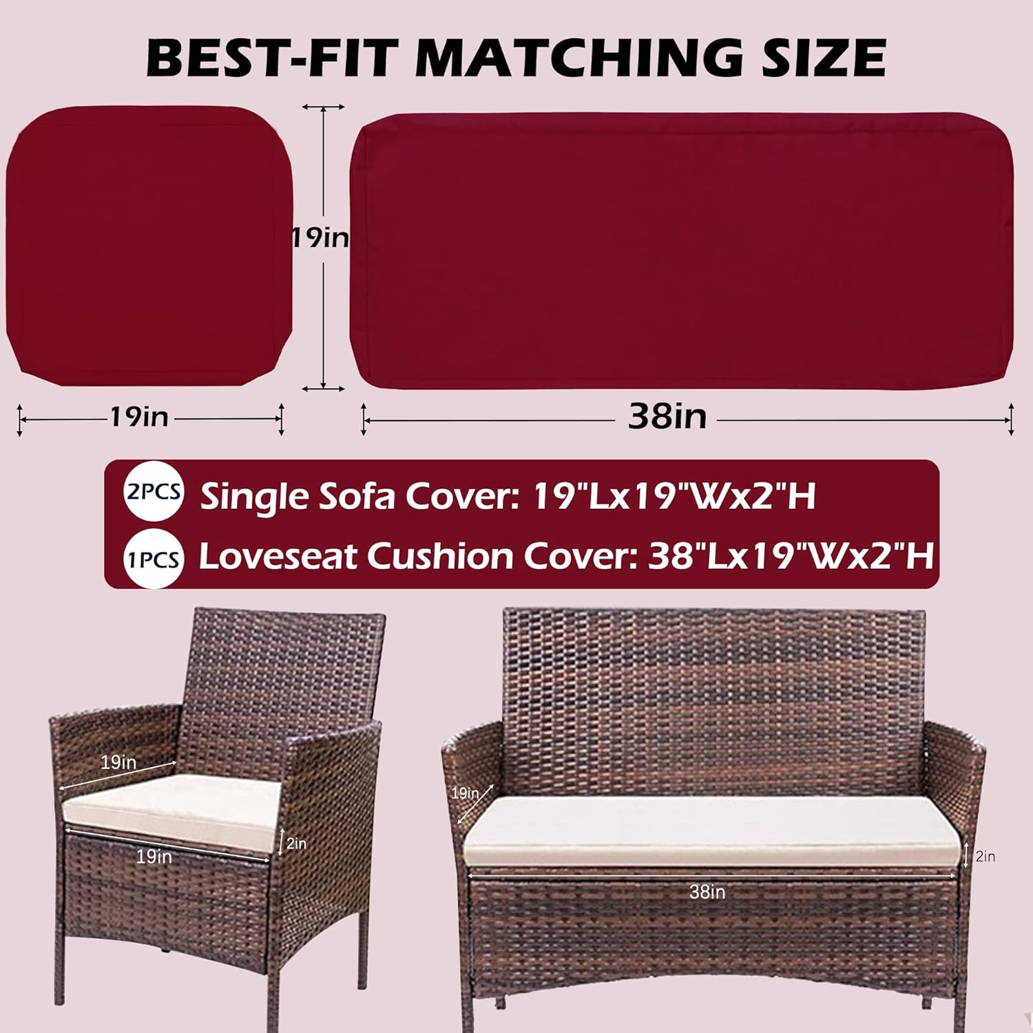 3 Pack Outdoor Cushion Covers Replacement, Waterproof Patio Seat Cushion Cover Fit for 4-Seater Wicker Rattan Conversation Set Loveseat Chair Couch Furniture, Cover Only, 38x19x2,19x19x2,Burgundy