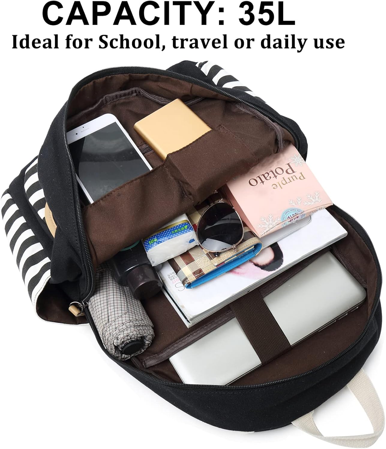 Joyfulife School Backpacks for Teen Girls Lightweight Canvas Backpack Stripe Backpack Kids Bookbags Set 3 in 1 - Image 2