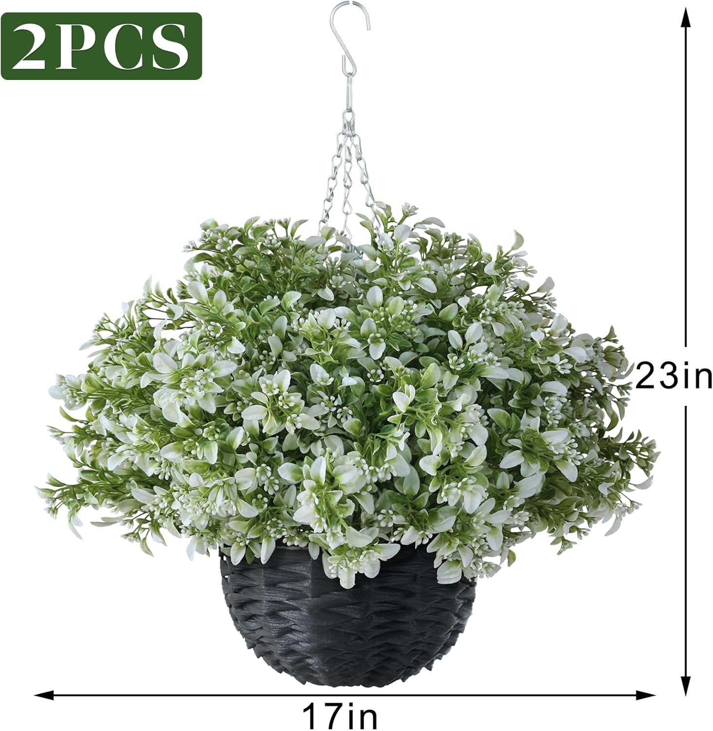 2PCS Artificial Boxwood Plants with Hanging Basket - Fake Aglaia Odorata Hanging Planters Faux Greenery UV Resistant Eucalyptus Leaves for Front Porch Patio Garden Farmhouse Home Decor (White-Green)