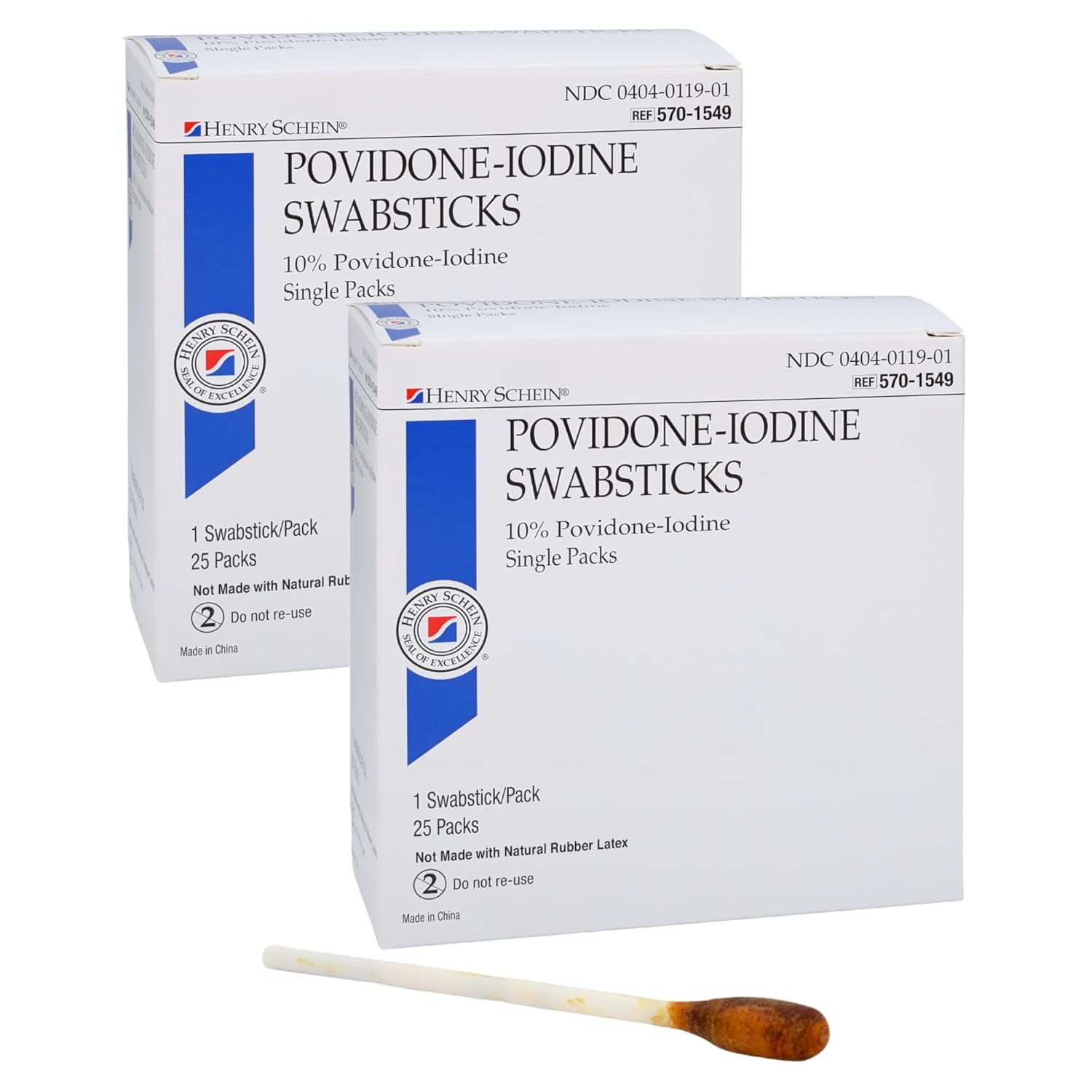 Henry Schein Prep Povidone-Iodine Swabsticks 1's- Sterile, Antiseptic for Skin Preparation, Individually Packed, 10% Povidone-Iodine, 25 Packs per Box - 20 Boxes