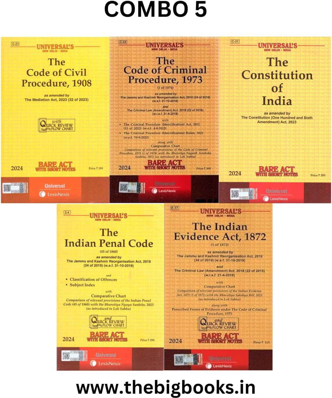 Combo of 5 Bare Acts, Cpc, Crpc, Ipc, Constitution, Evidence – Edition 2024