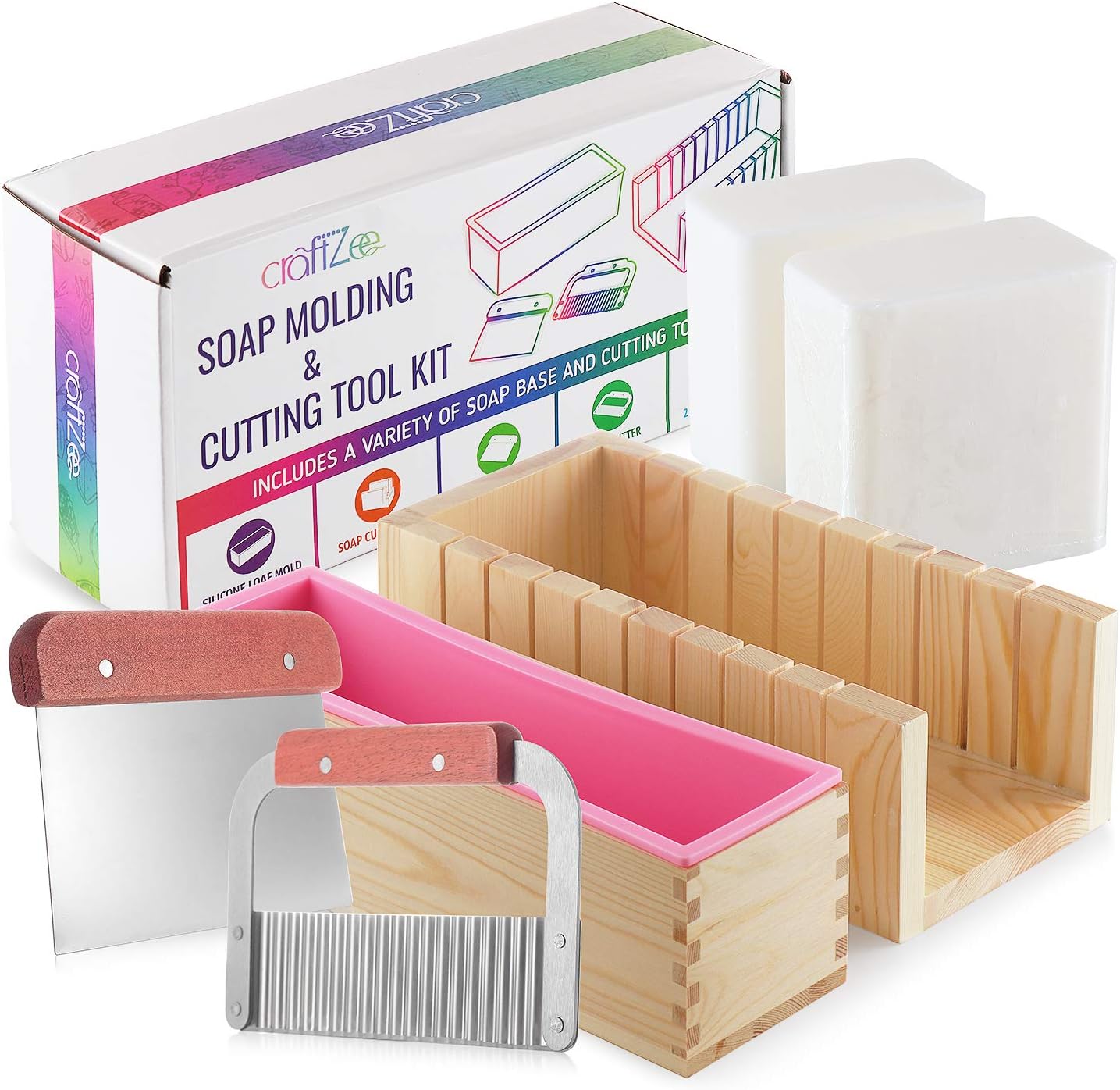 Melt and Pour Soap Base Set - Kit Includes: 2 2LB Shea Butter Base Blocks, Silicone Loaf Mold, Wooden Loaf Cutter Box, Stainless Steel Wavy & Straight Cutter, Makes a Complete Soap Accessories Set