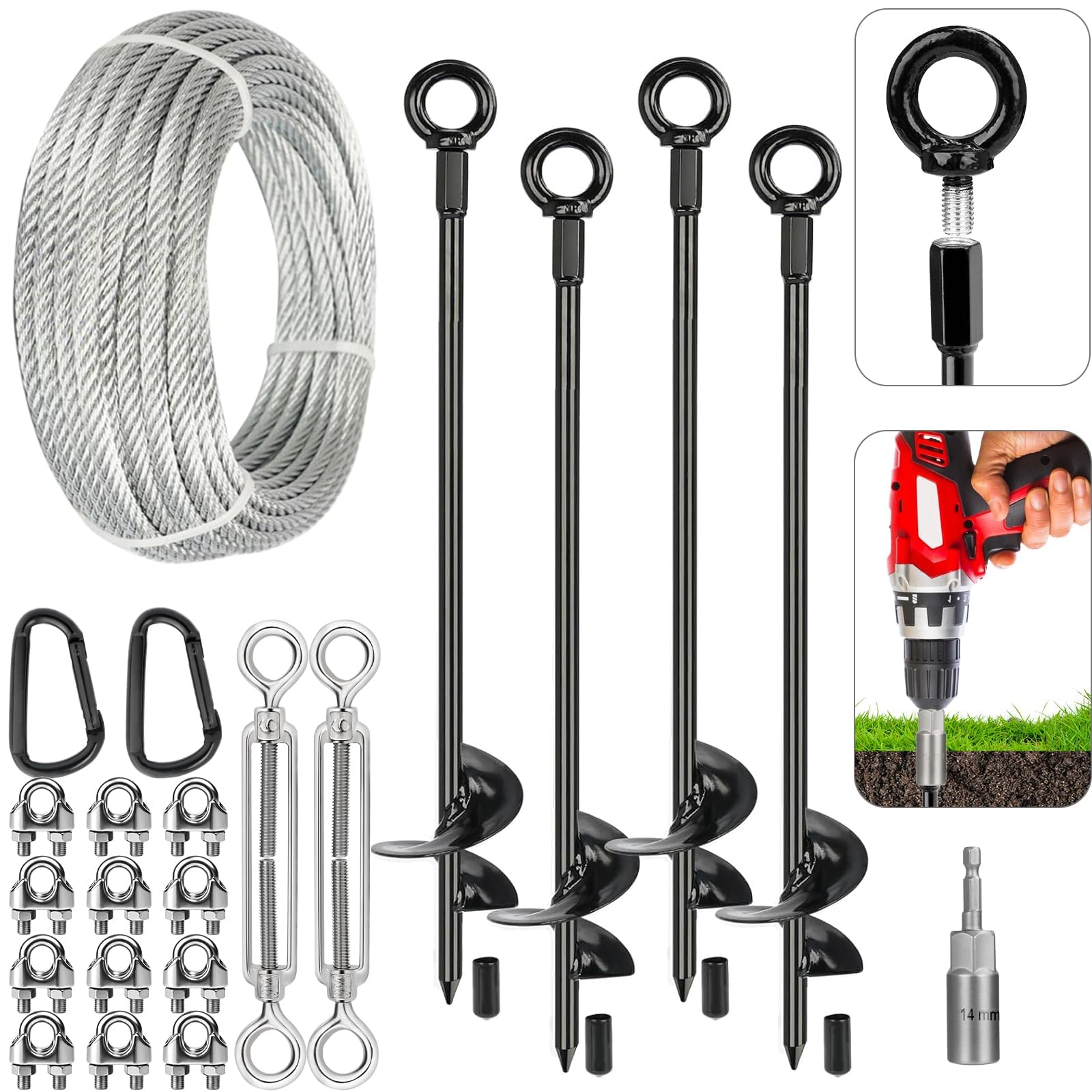 Tinnmao Kit di ancoraggio a terra da 76 cm, resistente, con cavo zincato e tenditori, ancoraggio a vite per capannoni, altalene, case mobili, trampolini