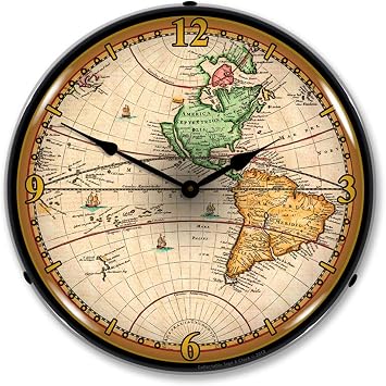 1730 World Map LED Wall Clock, Retro/Vintage, Lighted, 14 inch
