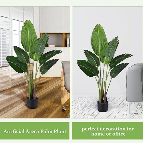 Miniatura 6 de Crowye Paquete de 4 plantas artificiales de aves del paraíso, palma de viajero sintética de 5 pies de alto con 10 hojas, maceta de plástico