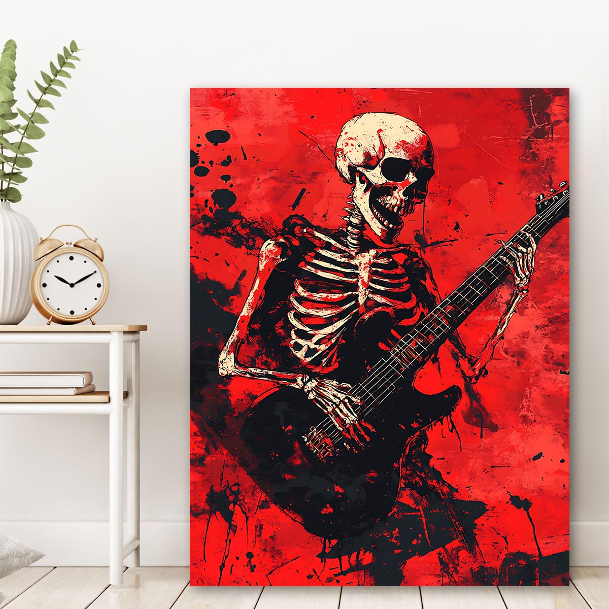 UIRINGART Tela di chitarra scheletro Arte murale Stampe inquietanti di scene musicali Poster unici Graffiti rossi per camera da letto soggiorno Studio Arredamento 35x55cm