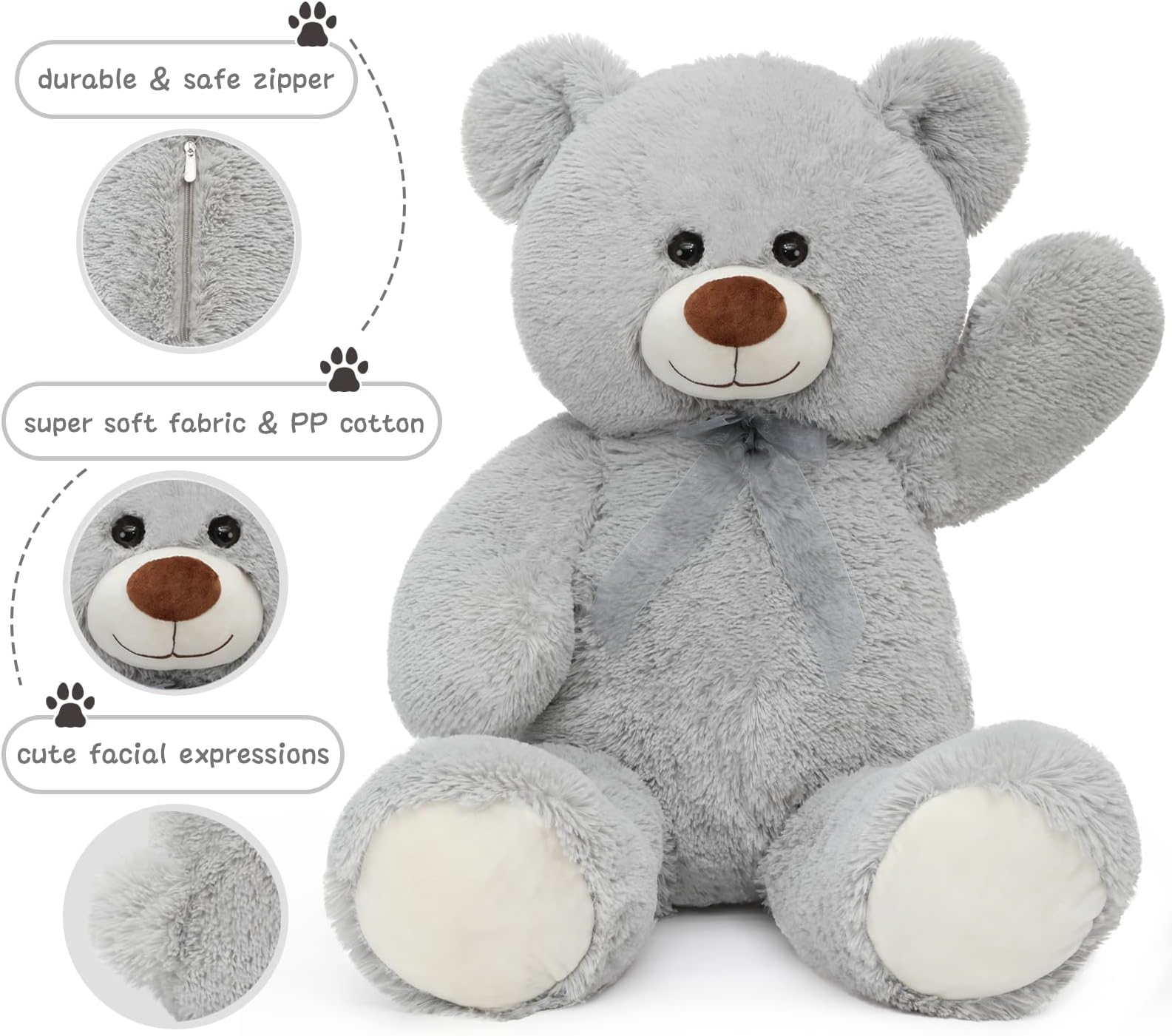 Giant Teddy Bear Stuffed Animal 36 inch Plush Bear Toy for Girlfriend Girls Kids Gifts Chrsitmas Valentine's Day Birthday Baby Shower Decorations, Grey