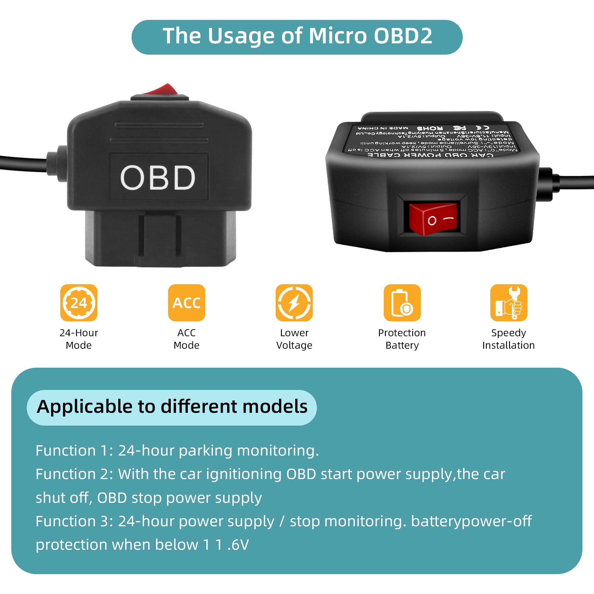 Kabel zasilający OBD do kamery samochodowej GELRHONR, MICRO USB 90 stopni, ładowarka OBD2 z przyciskiem, 3,5M, 5V-3A, 12-24V