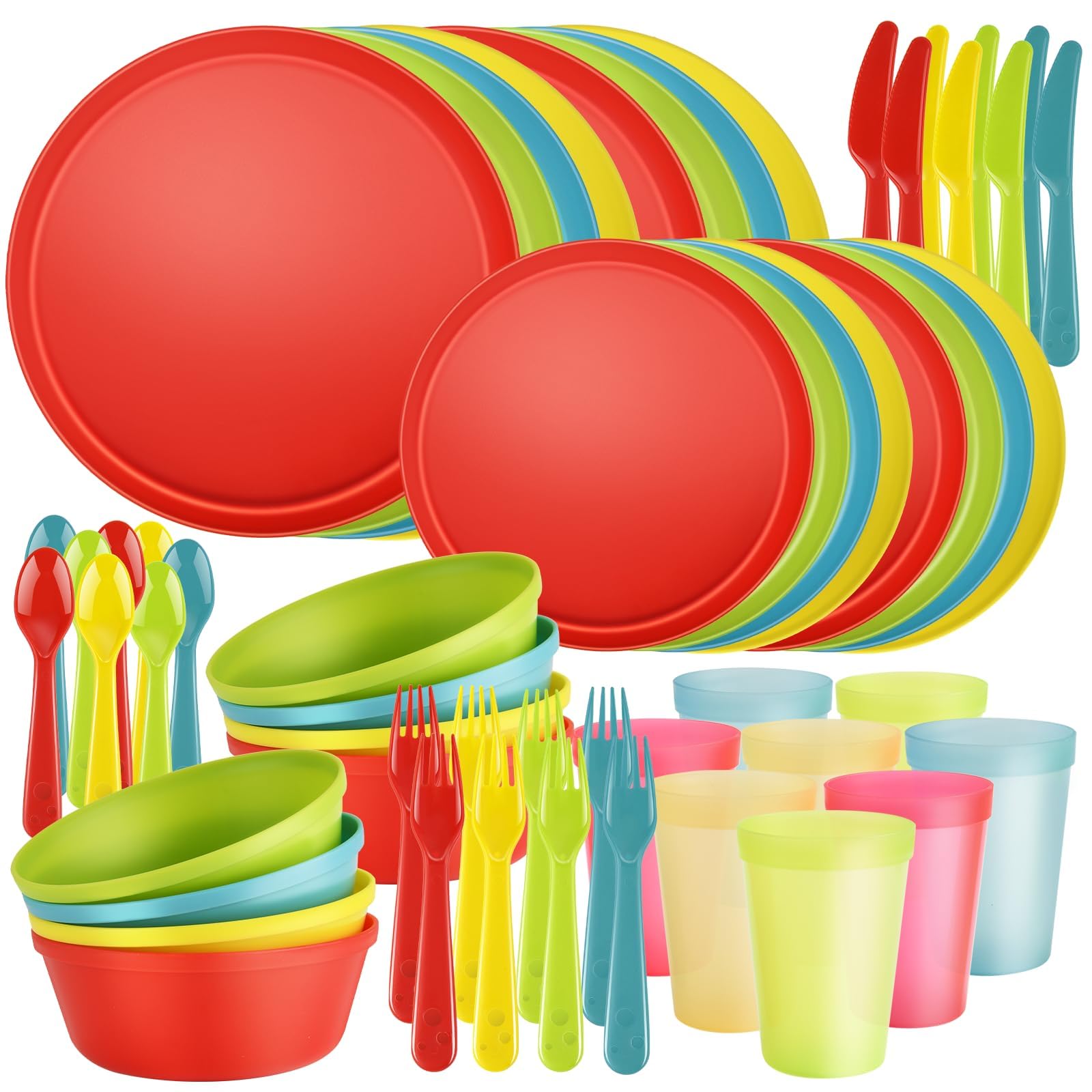 Juego de vajilla de plástico de cocina de 40 piezas, servicio para 8, juego de platos irrompibles – plato de cena/plato de postre/cuenco/taza/tenedor/cuchillo/cuchara, para artículos esenciales