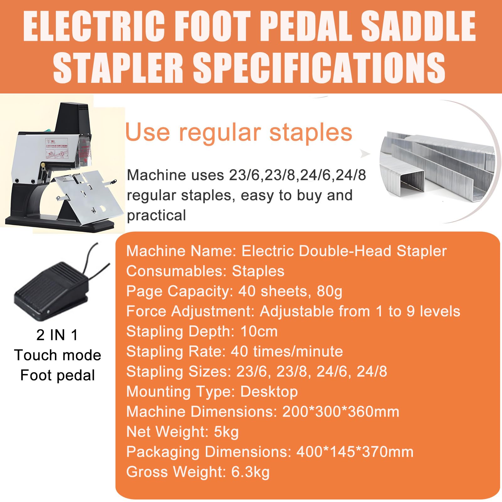 Agrafeuse électrique robuste avec pédale – Établi étendu de 44 cm, réglage en 9 étapes, compatible avec agrafes universelles 23/6 23/8 24/6 24/8