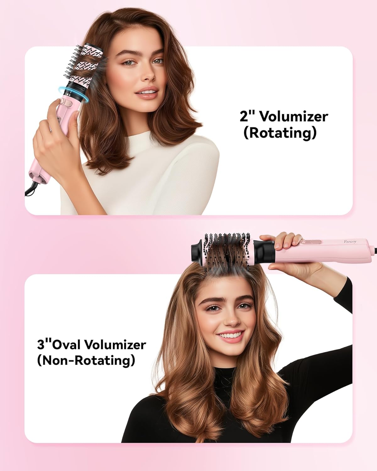 Farery 2-in-1 Blow Dryer Brush Set for Frizz-Free Blowout | 2-inch Rotating Hair Dryer Brush & 3-inch Hot Air Brush with Oval Barrel | 1000W for Fast Drying, Straightening, Volumizing & Smoothing