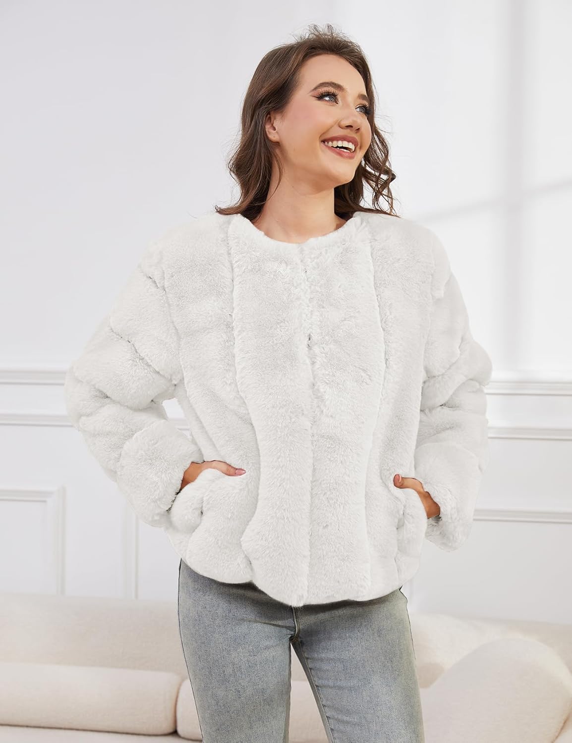 Womens Faux Fur Coat Long Sleeve Open Front 2025 Warm Winter Cropped Jacket