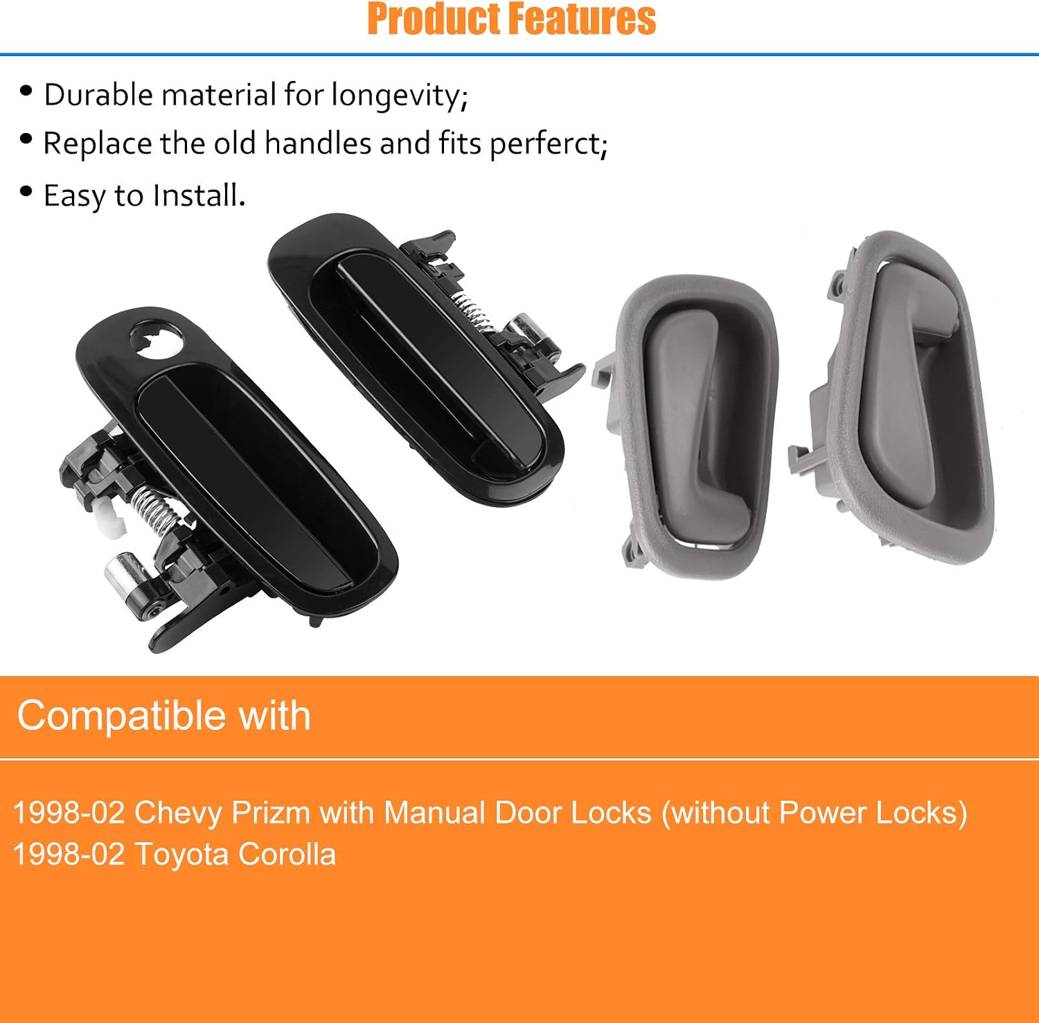 NPAUTO Interior Exterior Door Handles Set Replacement for Chevy Prizm Toyota Corolla Prizm 1998 1999 2000 2001 2002, Pack of 8, Gray Black