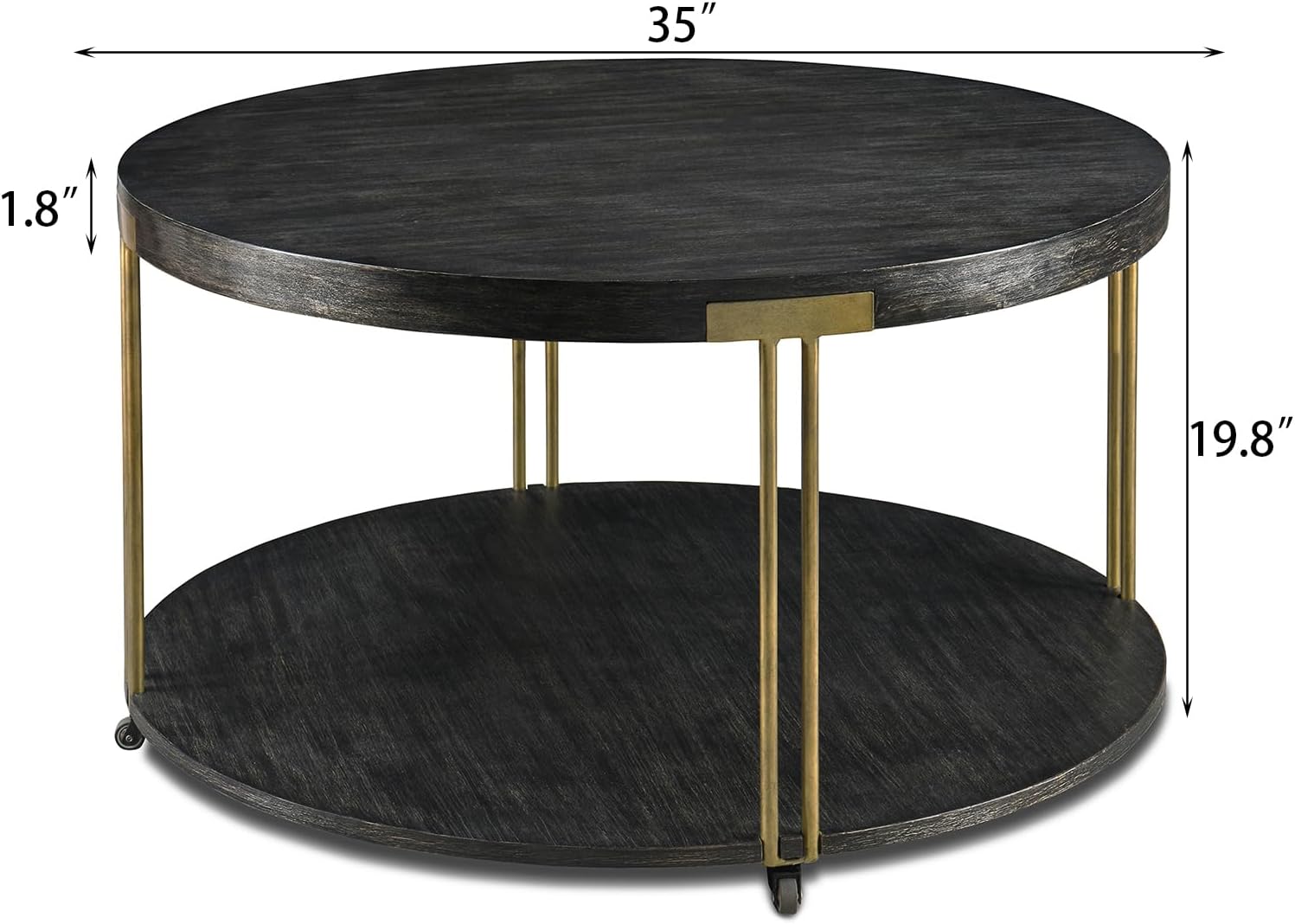 2-Tier Wood Round Coffee Table with Wheels, 35 Inch Modern Rustic Sofa Table Industrial Living Room Cocktail Table with Textured Wooden Top & Golden Metal Legs, Black