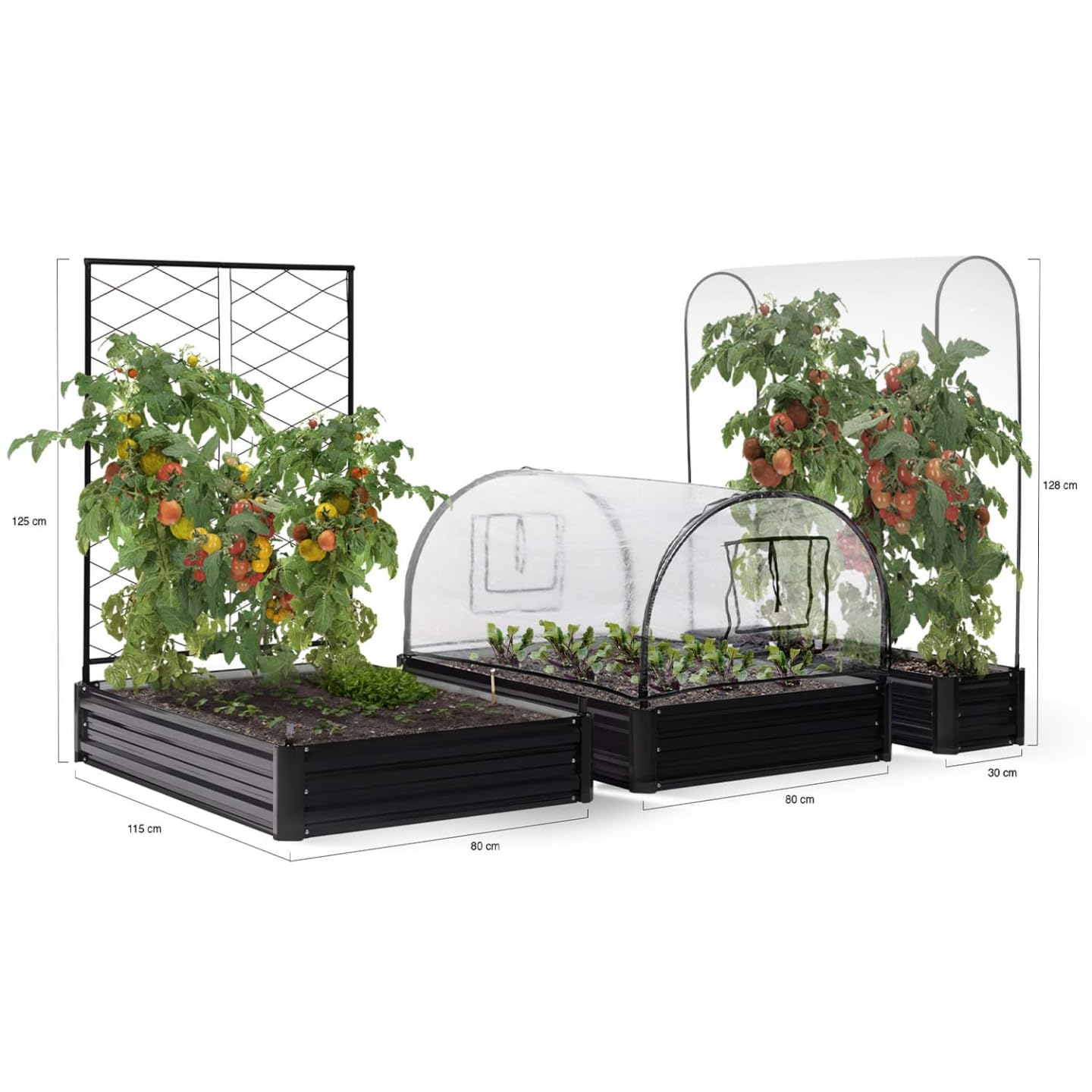 IDMarket - Kit Completo di 3 vasche modulari in Metallo per orto e Serra di pomodori + Traliccio + Copertura