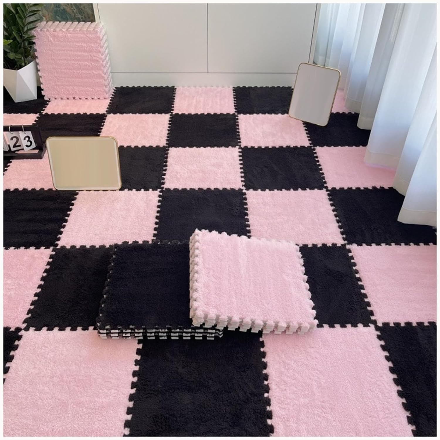 30pcs Plush Foam Interlocking Carpet Tiles, 30x30x1cm Carpet Puzzle Mats for Floor, Thick 0.4" Fluffy Eva Protection Floor Mats(Pink+Black)