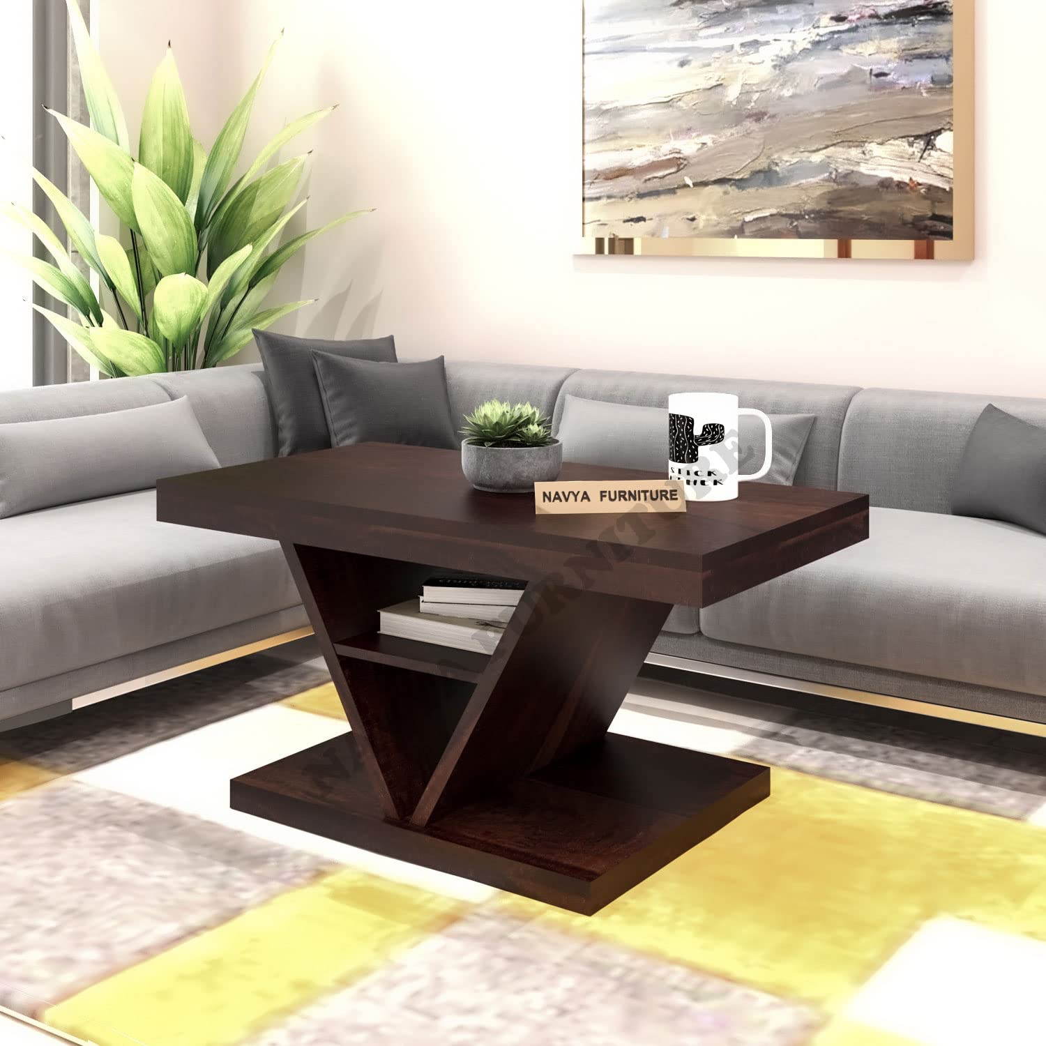 Navya Furniture Solid Sheesham Wood V Shaped Coffee Table for Living