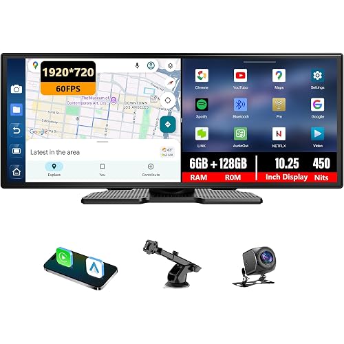 10.25″ CarPlay Screen with Dashcam & Apps, Built-in Google-Play & 6GB+128GB, Portable Android Auto Display 1920x720, Dual 1080P DVR, Wireless Bluetooth, Supports Steering Wheel Controls