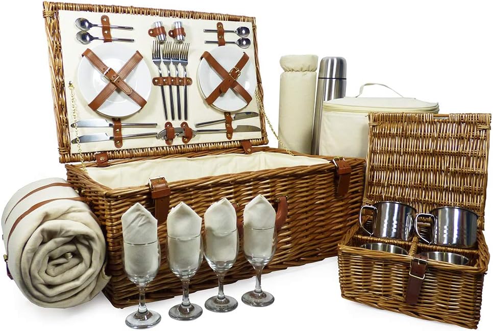 Fine Food Store Deluxe Sandringham 4 Person Wicker Picnic Hamper Basket with Accessories - Luxury Christmas Xmas Wedding, Birthday Presents for Her Women Mum