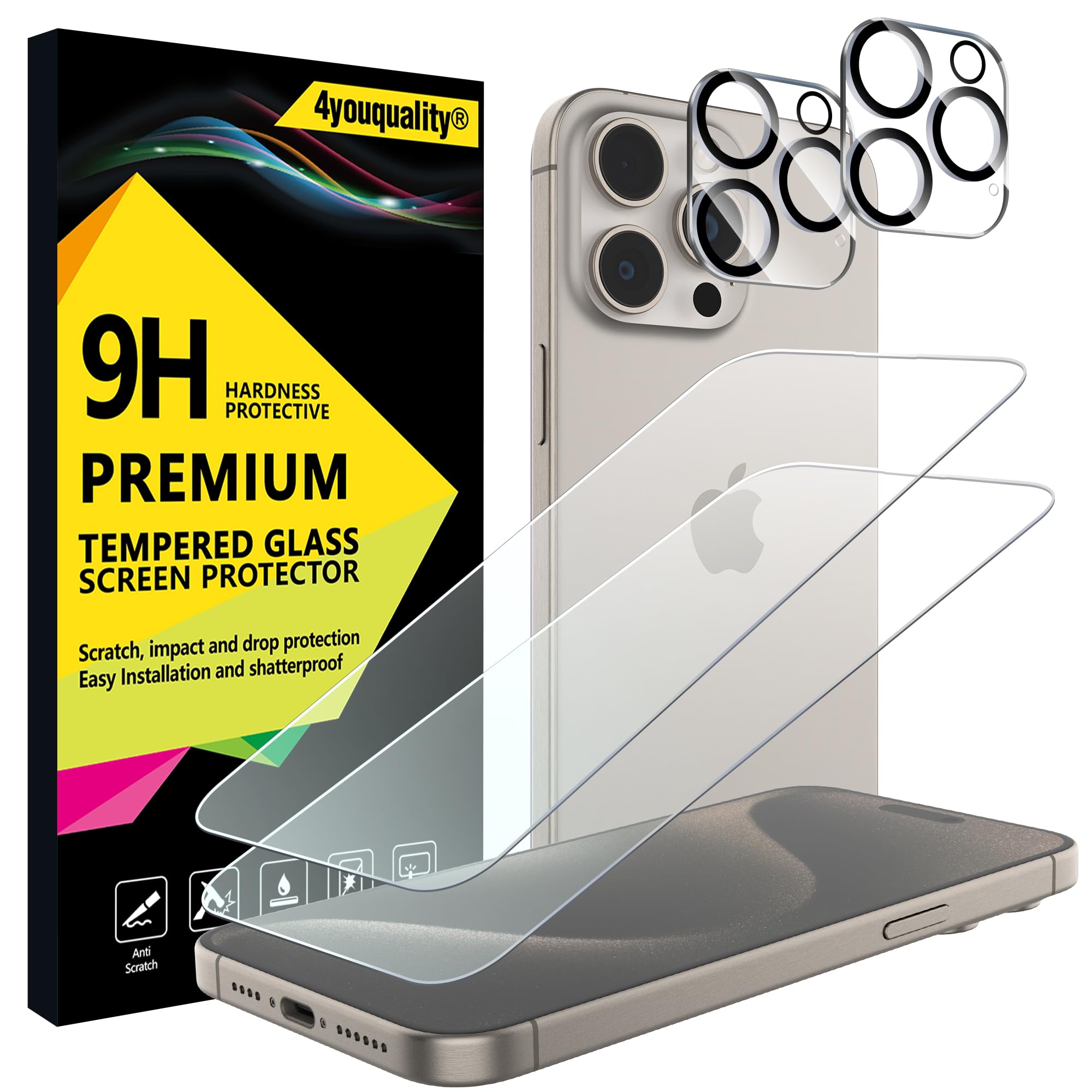 4youquality [4-in-1 Screen Protector for iPhone 15 Pro Max with Camera Lens Protector, Tempered Glass Film, 2-Pack Each