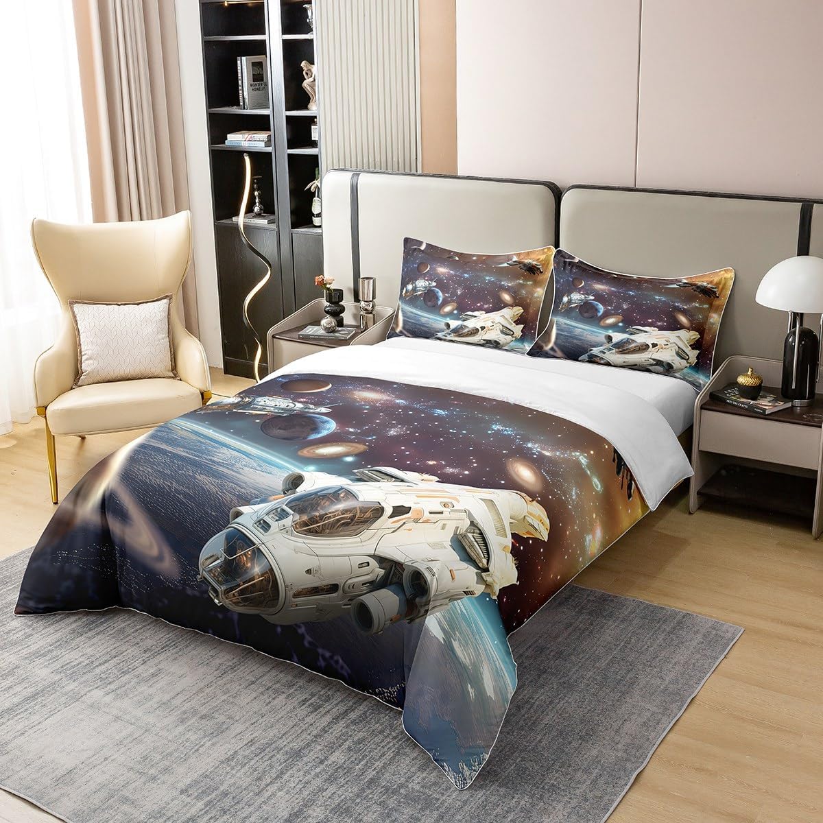 Erosebridal Earth 100% Organic Cotton Duvet Cover for Kids Man Woman,3D Galaxy Starry Sky Stars Comforter Cover,Cosmic Rocket Spacecraft Bedding Set,Glitter Universe Quilt Cover 3pcs Queen