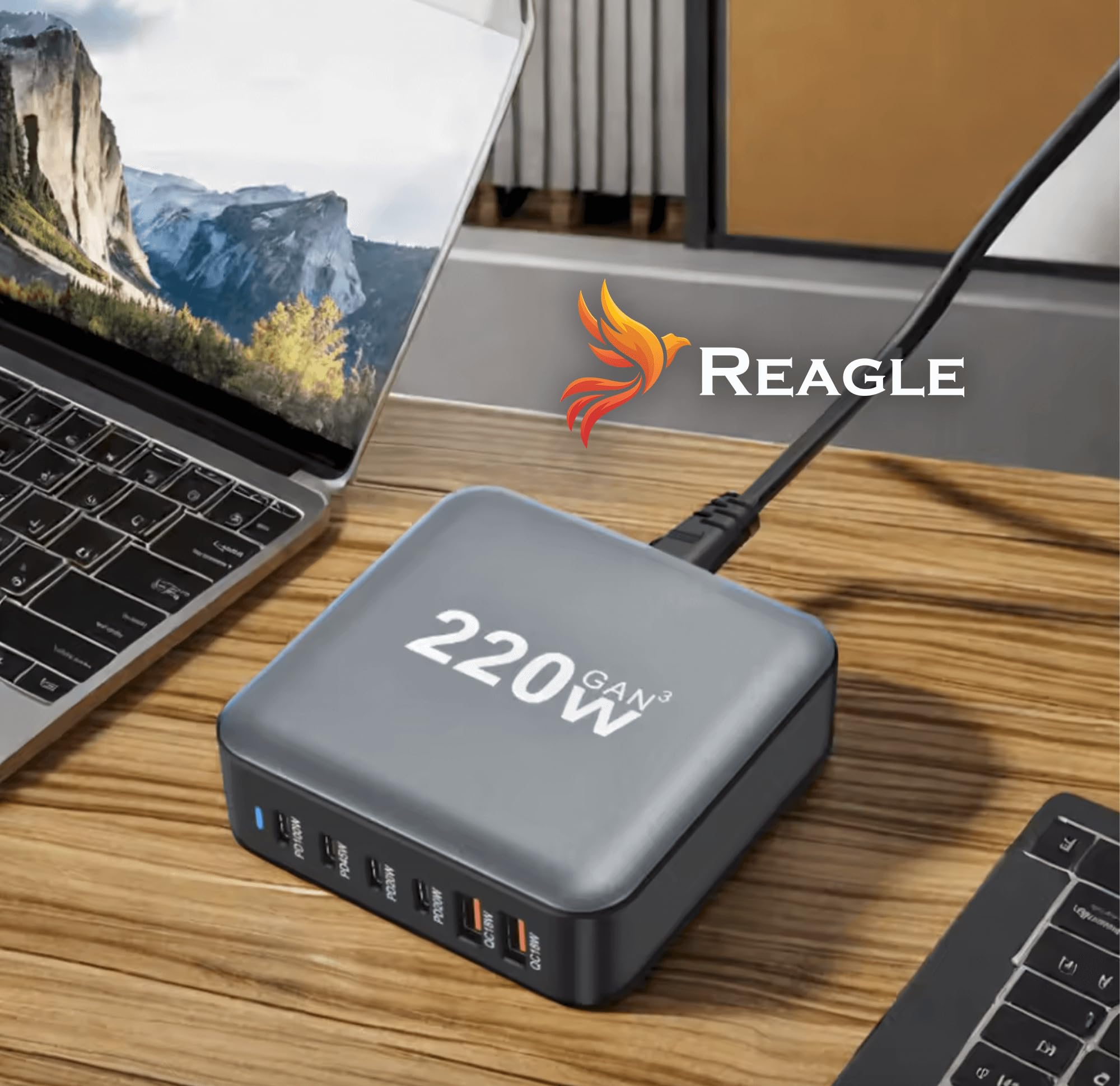 Reagle GaN - Caricatore rapido USB-C da 220 W, 6 porte, con Power Delivery, QC 3.0, per laptop, iPhone, tablet, protezione multipla, potente e sicuro per i viaggi e la casa