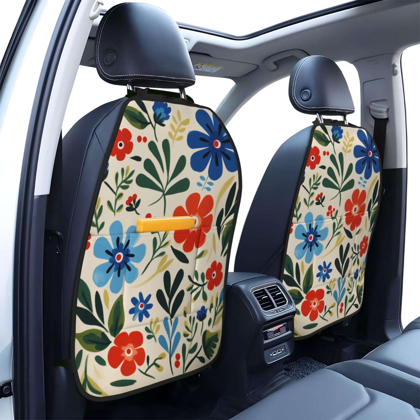 Vintage Small Simple Flowers Car Seat Back Kick Protectors,2 Pack Kick Mats With Storage Pockets For Vehicles To Protect From Dirt Mud Scratches