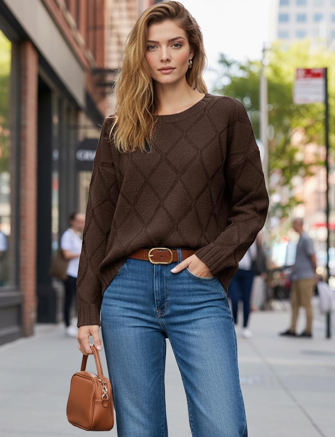 Women's Fall and Winter Long Sleeve Crewneck Sweater, Soft Knit with Diamond Pattern, Relaxed Fit Pullover Top, Brown - Image 7