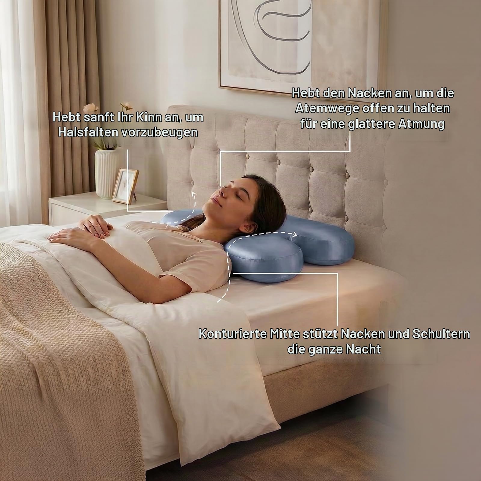 Schönheitskissen Anti-Falten Kissen aus Eisseide, Memory Foam Nackenstützkissen gegen Gesichtsfalten, Hautfreundlich & Kühlend, Ergonomisches Beauty Pillow für Seitenschläfer 55x40x10 cm Blau