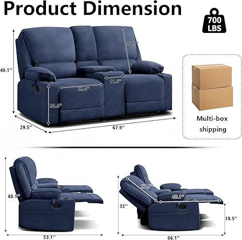 Miniatura 2 de Sofá reclinable doble de 67.9 pulgadas, sofá reclinable para caravana, soporte de pared reclinable, sofá reclinable manual, asientos de cine en Azul