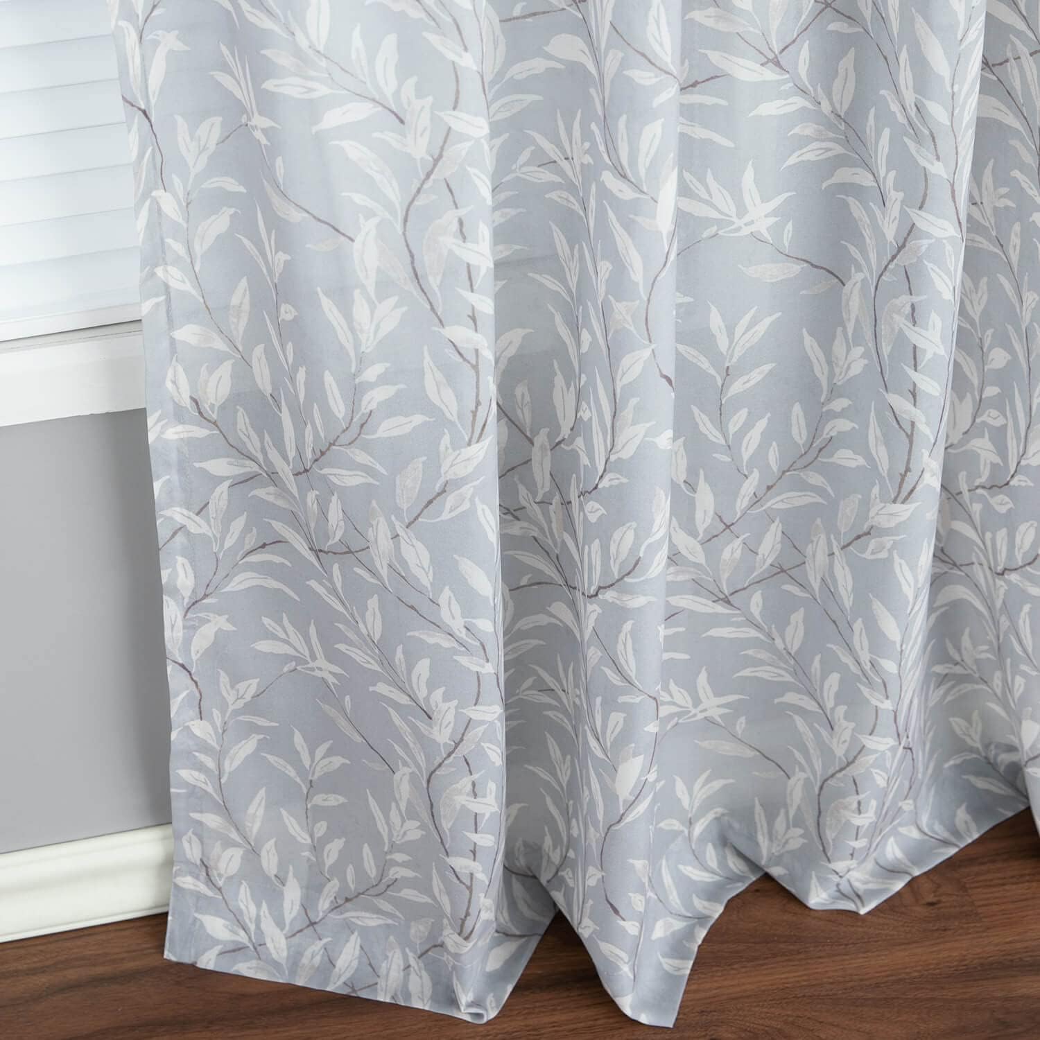 VOGOL Chiffon Backdrop Sheer Curtains, 2 Panels 84 Inches Long Soft Voile Window Drapes, Rustic Leaves Printed Panels for Living Room Decor, Rod Pocket, Grey