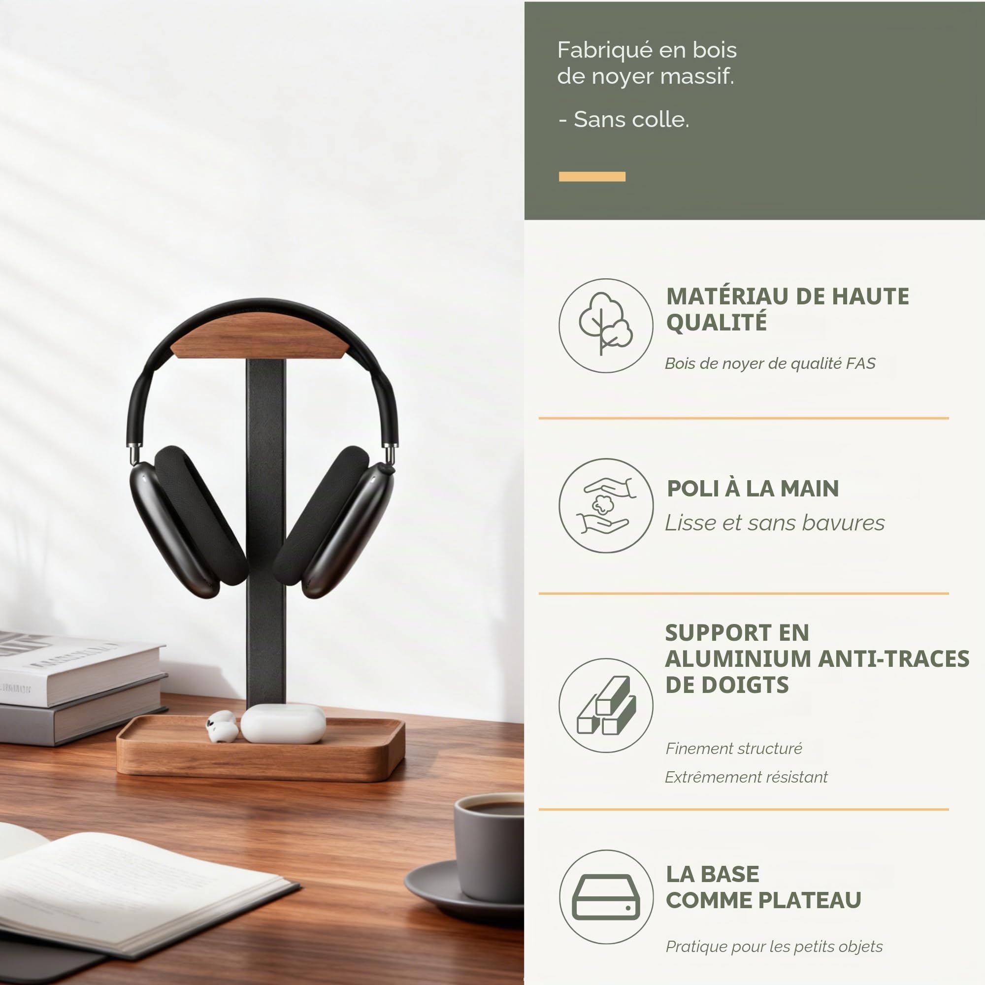 muso wood Support pour casque en noyer, support pour casque en bois avec base de rangement, support pour écouteurs pour le jeu, le bureau et la maison - Compatible avec AirPods Max, Bose, Razer (Noir)