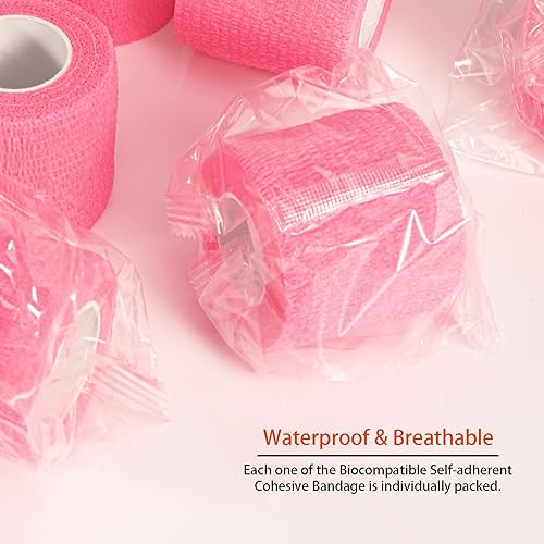 Miniatura 2 de Paquete de 24 vendajes cohesivos autoadherentes, 2 pulgadas x 5 yardas, cinta adhesiva elástica no tejida rosa, envoltura elástica veterinaria para