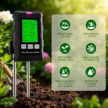 TOWODE 6-in-1 Digital Soil Tester, measures pH, Moisture, Fertility, Temperature, Light & Humidity, Dual Metal Probe Soil Meter for Houseplants, Garden, Vegetable Patch, Farm